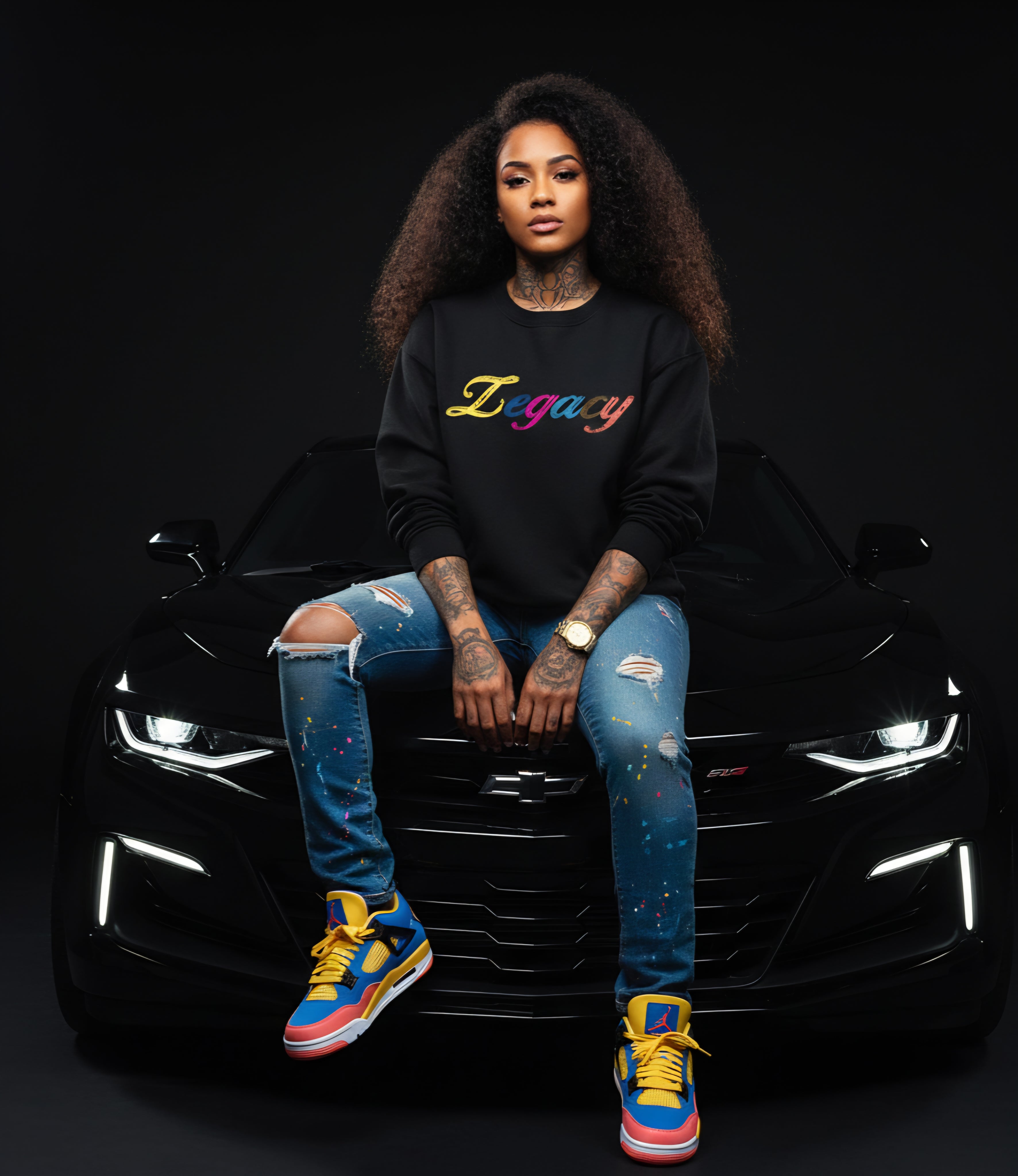 African American female wearing In Legacy W Trust Sweatshirt.